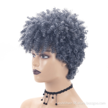 aishili wholesale short afro curly wigs with blue mixed grey pixie cut curly synthetic hair wig for black women